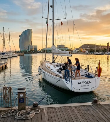 Sailing yacht at Marina Vela Barcelona with W Hotel at golden hour crew preparing departure