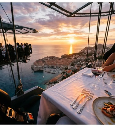 Guest view from Dinner in the Sky platform with plated dinner overlooking Dubrovnik Old Town sunset