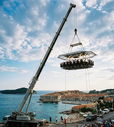 Dinner in the Sky platform suspended by crane above Dubrovnik old town and Adriatic Sea