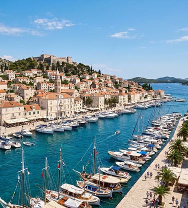 Hvar Town harbour with fortress, stone buildings, sailboats and blue Adriatic Sea