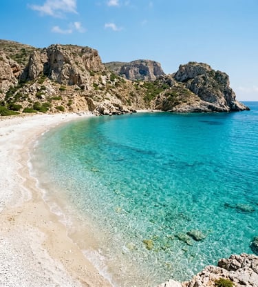 Untouched white beach and turquoise bay on Polyegos island tour from Milos full day boat trip