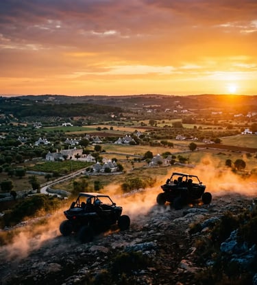 Two buggies cresting rocky hill above trulli valley at golden sunset