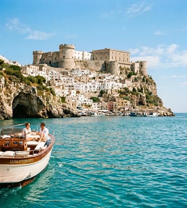 Couple on private wooden boat passing white hilltop castle and harbour, Castro Puglia