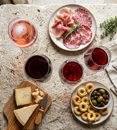 Four glasses of Primitivo wine with charcuterie, cheese, and taralli on a stone table in Bari