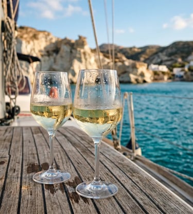Two glasses of chilled white wine on catamaran deck with Milos cliffs and turquoise sea behind.