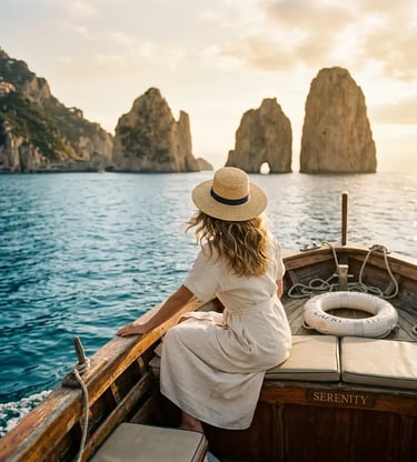 Woman in linen dress on private gozzo bow facing Faraglioni Rocks at sunset, Capri boat tour
