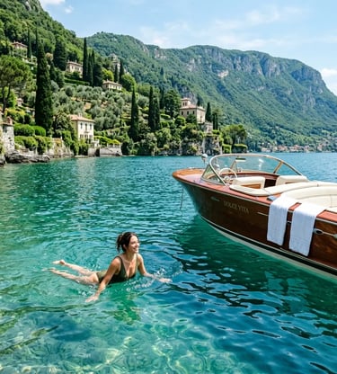 Woman swimming in turquoise water near anchored private luxury boat on Lake Como