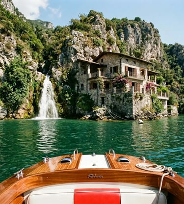 Private Riva wooden boat approaching stone villa with waterfall on Lake Como
