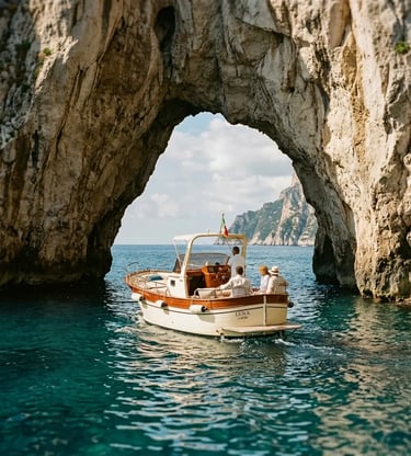 Small wooden Aprea boat passing through Faraglioni rock arch on Capri shared boat tour