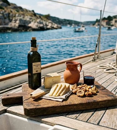 Dalmatian provisions on boat deck with olive oil aged cheese figs and red wine