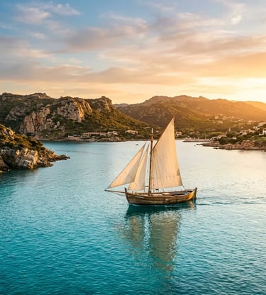 Traditional wooden sailing boat crossing turquoise strait near Sardinia coastline at sunset