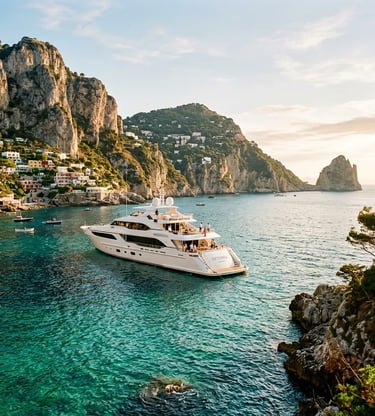 Luxury yacht anchored in turquoise water off Capri with limestone cliffs at golden hour