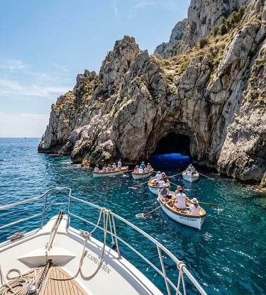 Yacht bow approaching Blue Grotto cave entrance with rowboats waiting in line at Capri