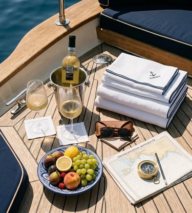 Chilled wine glasses fresh fruit and nautical chart on luxury yacht deck Amalfi Coast
