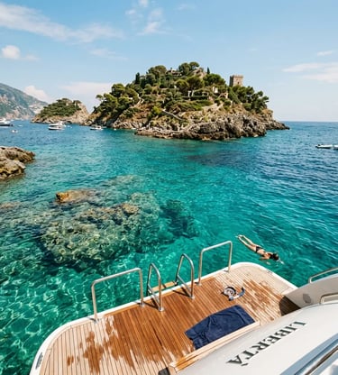 Yacht swim platform at Li Galli islands with crystal clear turquoise Mediterranean water