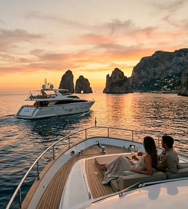 Couple sipping prosecco on yacht deck at sunset with Faraglioni rocks in Capri