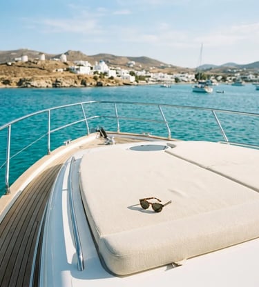 Luxury yacht bow sundeck with sunglasses on cream sun pad overlooking turquoise Greek waters