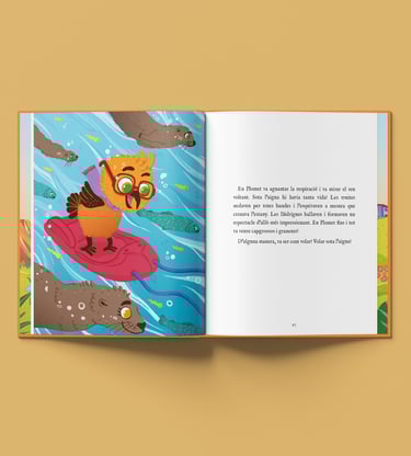 Illustrated children's book featuring a cute bird surfing underwater with seals and fish.