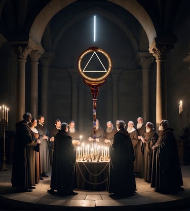 a group of people standing around a table with candles syndicatus token key crypto blockchain meme