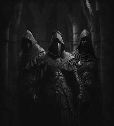 three men in black and white robes standing in a dark room