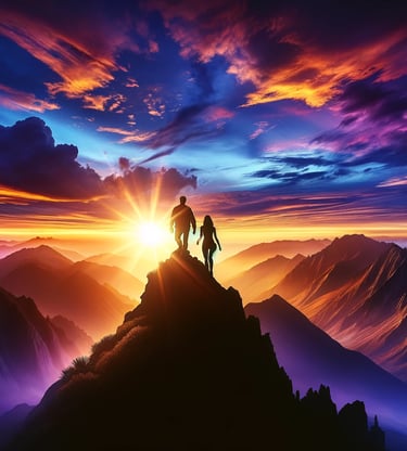 Un homme et une femme de MadkWeb, agence web, approchant le sommet d'une montagne au crépuscule. Le ciel se pare d'orange, de