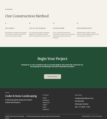 Website section outlining the four-step garden construction method for Cedar and Stone Landscaping services.