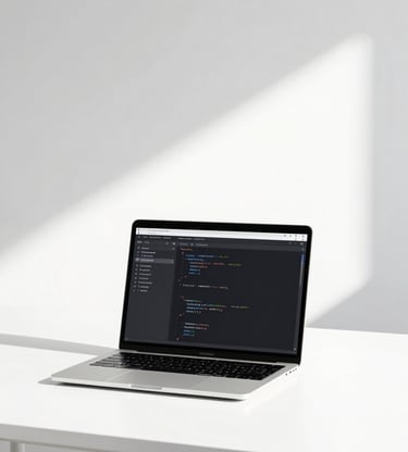 Minimalist workspace setup with a clean laptop displaying code editor, bright natural daylight, soft shadows, professional aesthetic