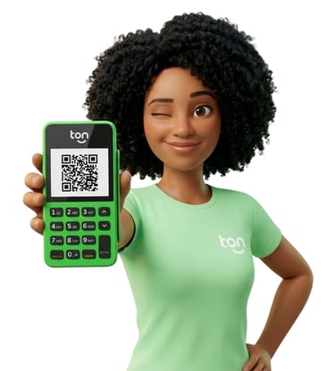 Suzane mascote TON apresentando a maquininha T2