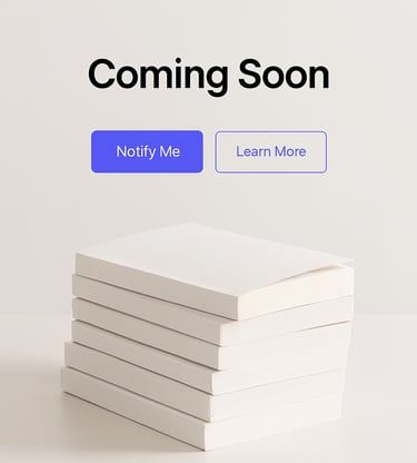 Libros en blano con fondo blanco y texto "Cominn Soon" (próximamente en ingles)