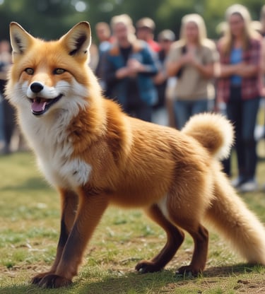A graceful fox resting near a cluster of autumn leaves in a serene natural setting.