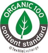 Official Organic 100 Content Standard logo by Textile Exchange featuring a green leaf and circular seal.