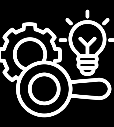 White outline icon of a gear, magnifying glass, and light bulb representing business innovation and research.