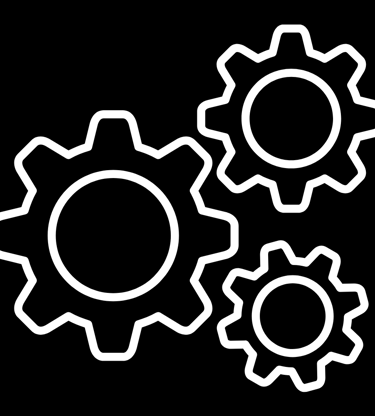White outline icon of three interlocking gears symbolizing mechanical settings and process automation.