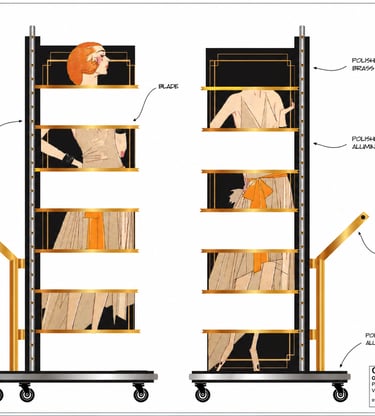 Technical diagram showing art deco concept art for a cutting edge stage prop with polished brass and aluminum.