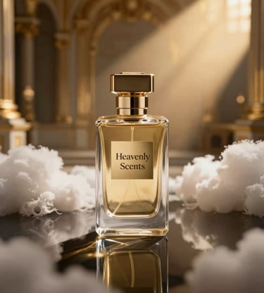 Elegant glass bottles of perfume oils arranged on a sleek black surface with gold accents.