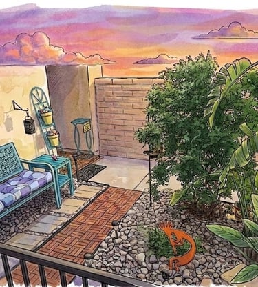 Watercolor rendering of our jungle rock garden courtyard in the Sonoran Desert