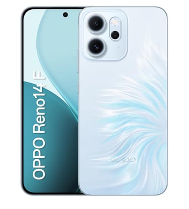 Front and back view of the OPPO Reno 14 F smartphone in a light blue floral textured finish.