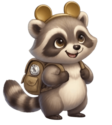 Cute cartoon raccoon wearing a backpack and gold bear ear headband on a black background.