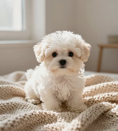 A high-end, soft-focus lifestyle photograph of a tiny Bichón Maltés puppy sitting on a luxurious almond-colored knit blanket. The lighting is warm and natural, coming from a nearby window. The setting is a minimalist, clean interior with soft off-white walls.