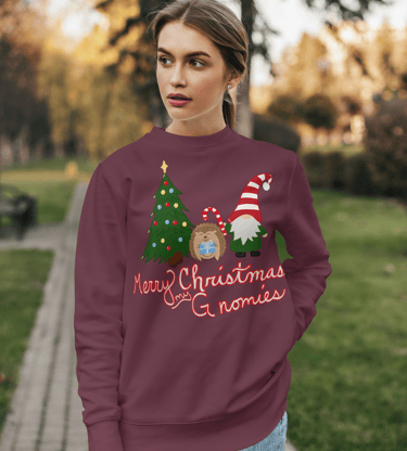 a woman wearing a christmas sweater with a gnome and a hedgehog saying merry Christmas my gnomies