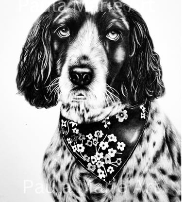 a drawing of a dog wearing a bandanna