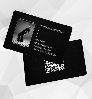 black pvc nfc card with a woman and her details made in prime acrylics