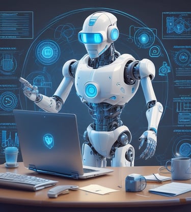 A small, round robot with a smooth white surface and blue accents operates a blue laptop on a sleek, floating platform. The robot has glowing eyes and an antenna on its head, with an 'AI' emblem on its front.