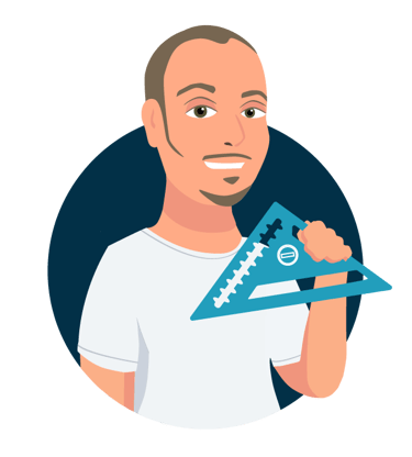 Cartoon graphic image of Cyd holding a square