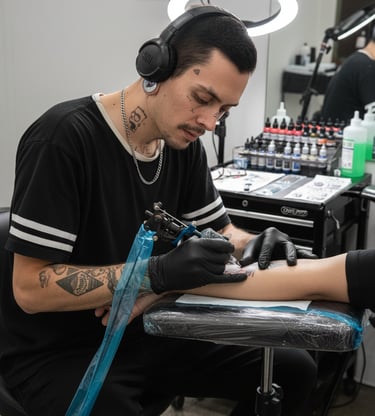 Baztiel Tattoo, tatuador chileno especializado en tatuajes neotradicionales y anime durante sesión