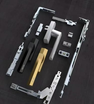 Durable aluminum window and door hardware components including handles and locking mechanisms.