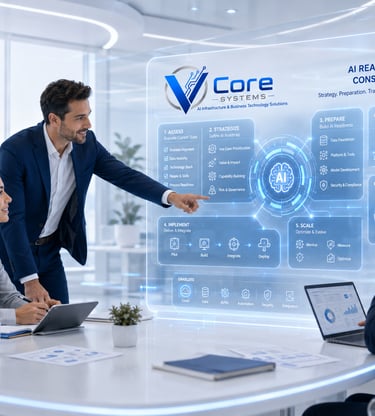 Business professionals reviewing an AI readiness consulting dashboard with data strategy and infrastructure metrics.