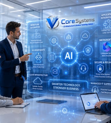 Business team reviewing CoreSystems AI infrastructure and workflow automation solutions on a digital interface.