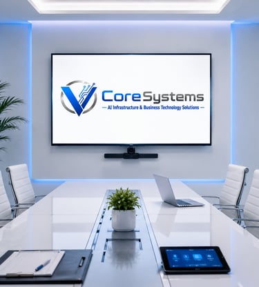Modern conference room featuring CoreSystems AI infrastructure logo on a large screen with white office furniture.