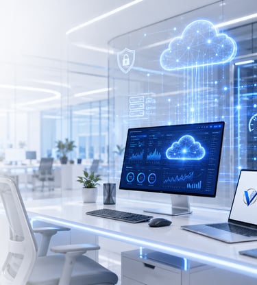 Modern office desk featuring cloud computing data visualization on a monitor and laptop in a server room setting.